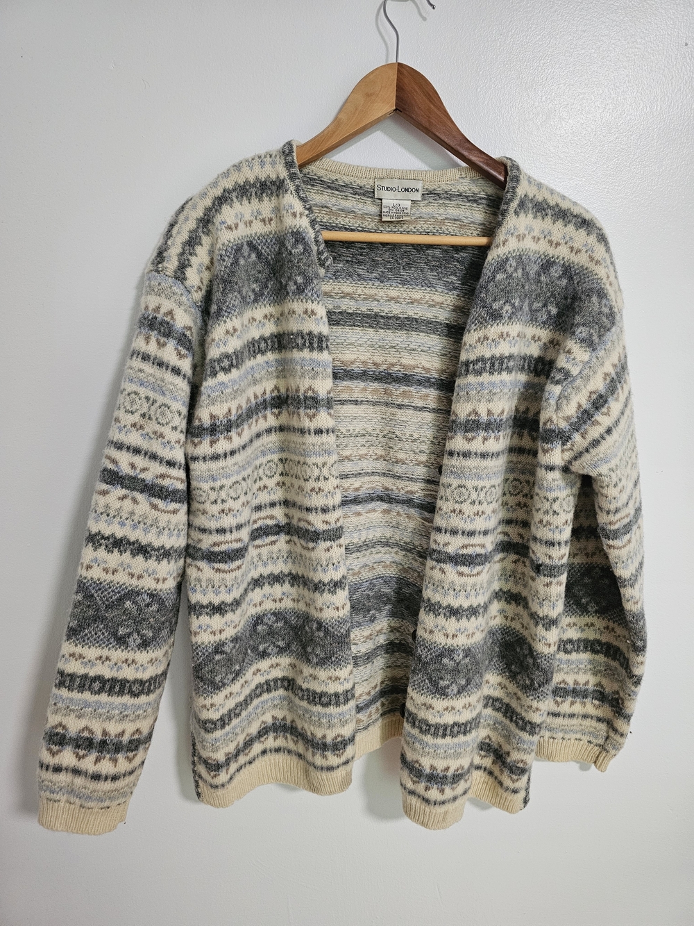 Vintage Studio London 100% Wool Fair Isle Cardigan Cream Dusty Blue Size Large